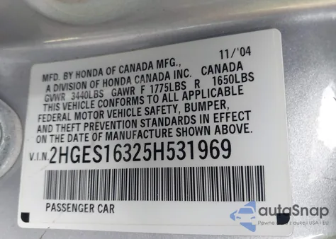 2005 Honda Civic Vp из США, поврежденный, VIN 2HGES16325H531969